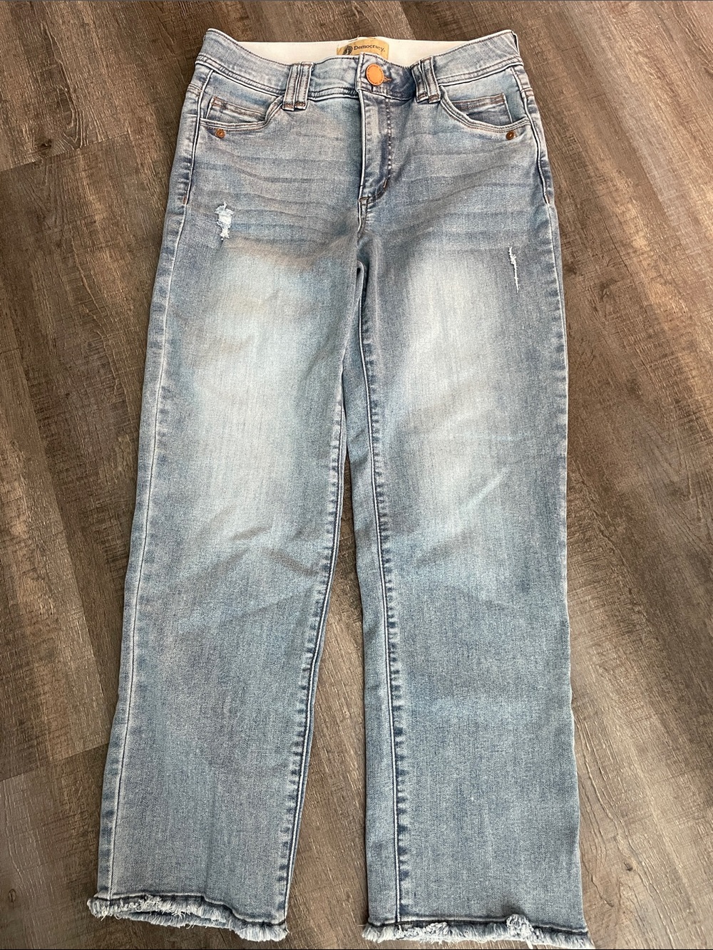Democracy Light Blue Straight Leg Crop Jeans with Raw Hem